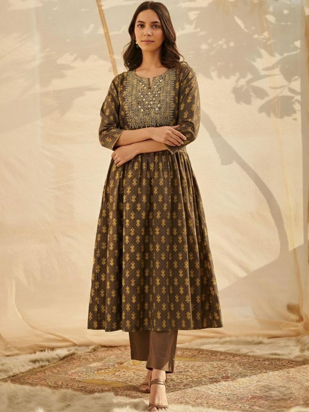 Sangria Floral Embroidered Round Neck Anarkali Kurta