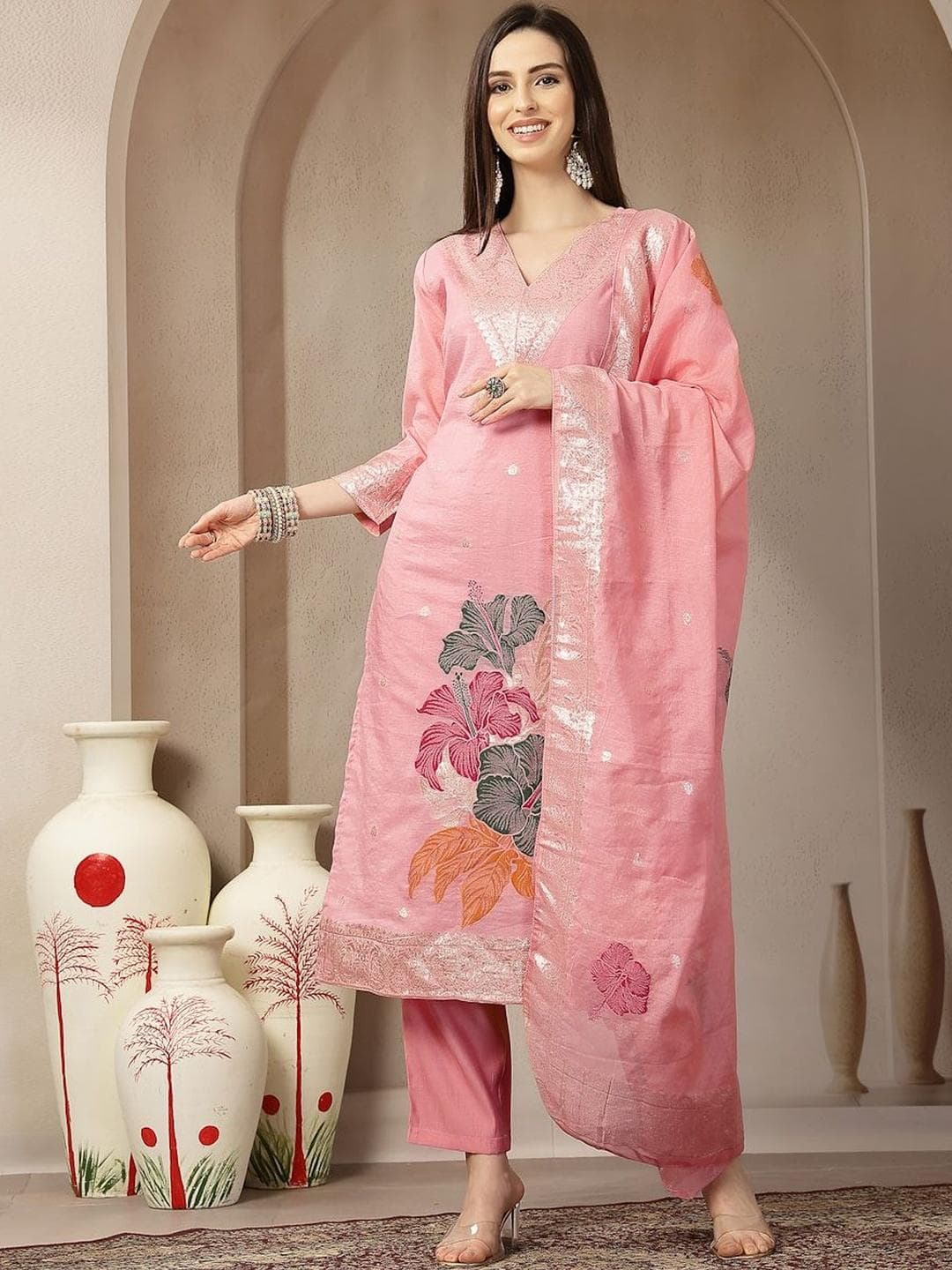 Yufta Women Floral Printed Regular Chanderi Silk Kurta with Trousers & With Dupatta
