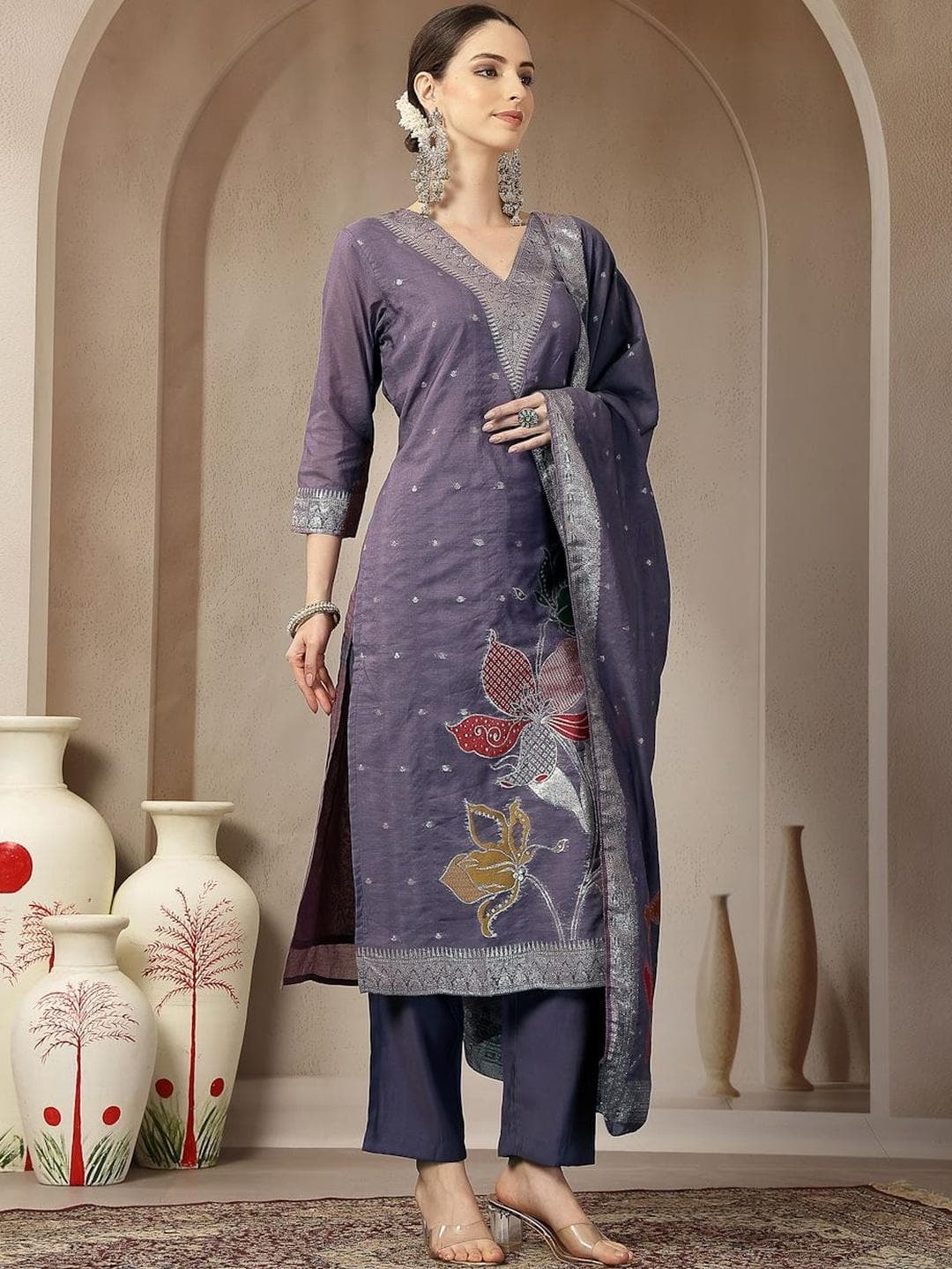 Yufta Women Floral Printed Regular Chanderi Silk Kurta with Trousers & With Dupatta