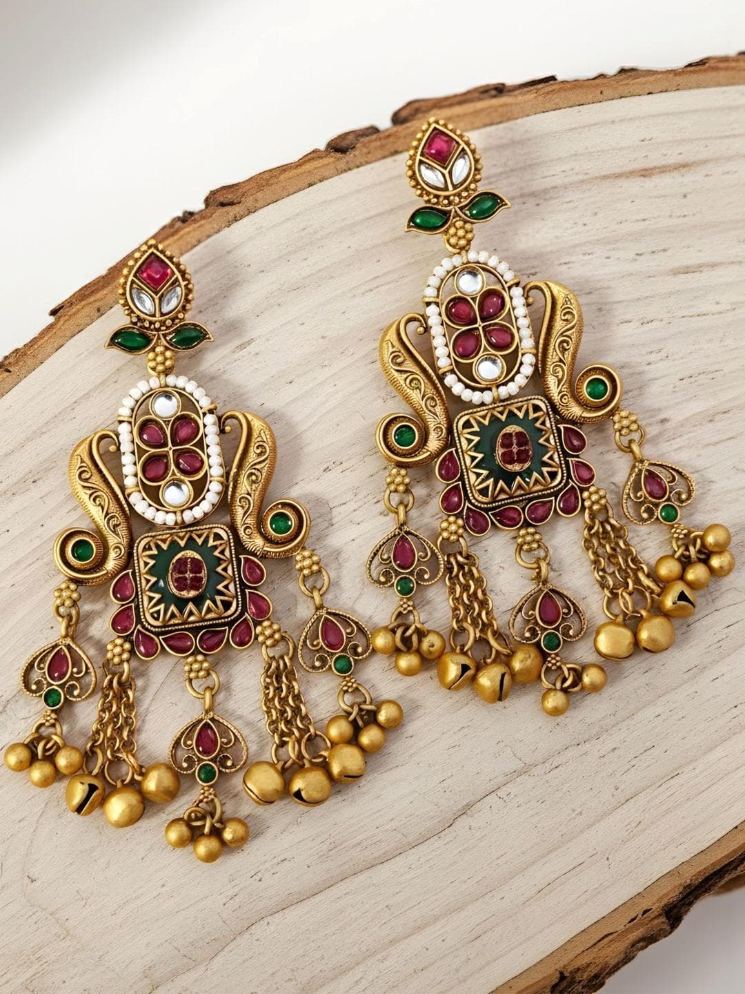 Buy KARATCART Green Gold Plated Artificial Stones Studded Geometric Drop Ethnic Earrings - - Accessories for Women