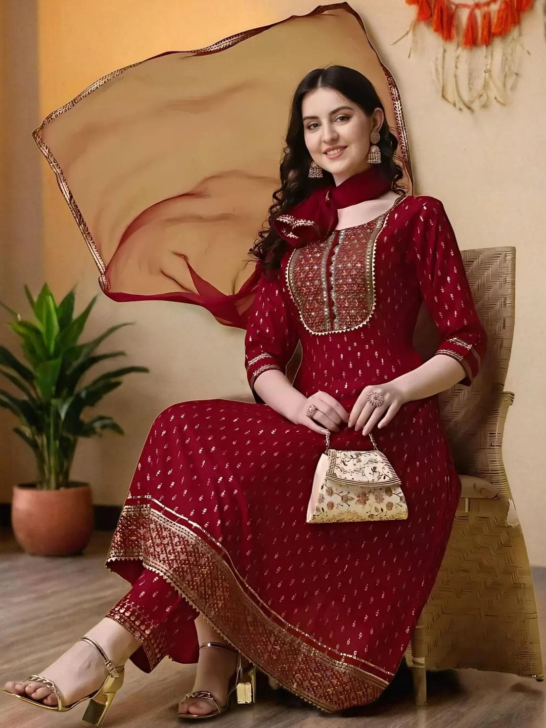 QUEENSFAB Ethnic Motifs Yoke Design Panelled Gotta Patti Kurta With Trousers & Dupatta