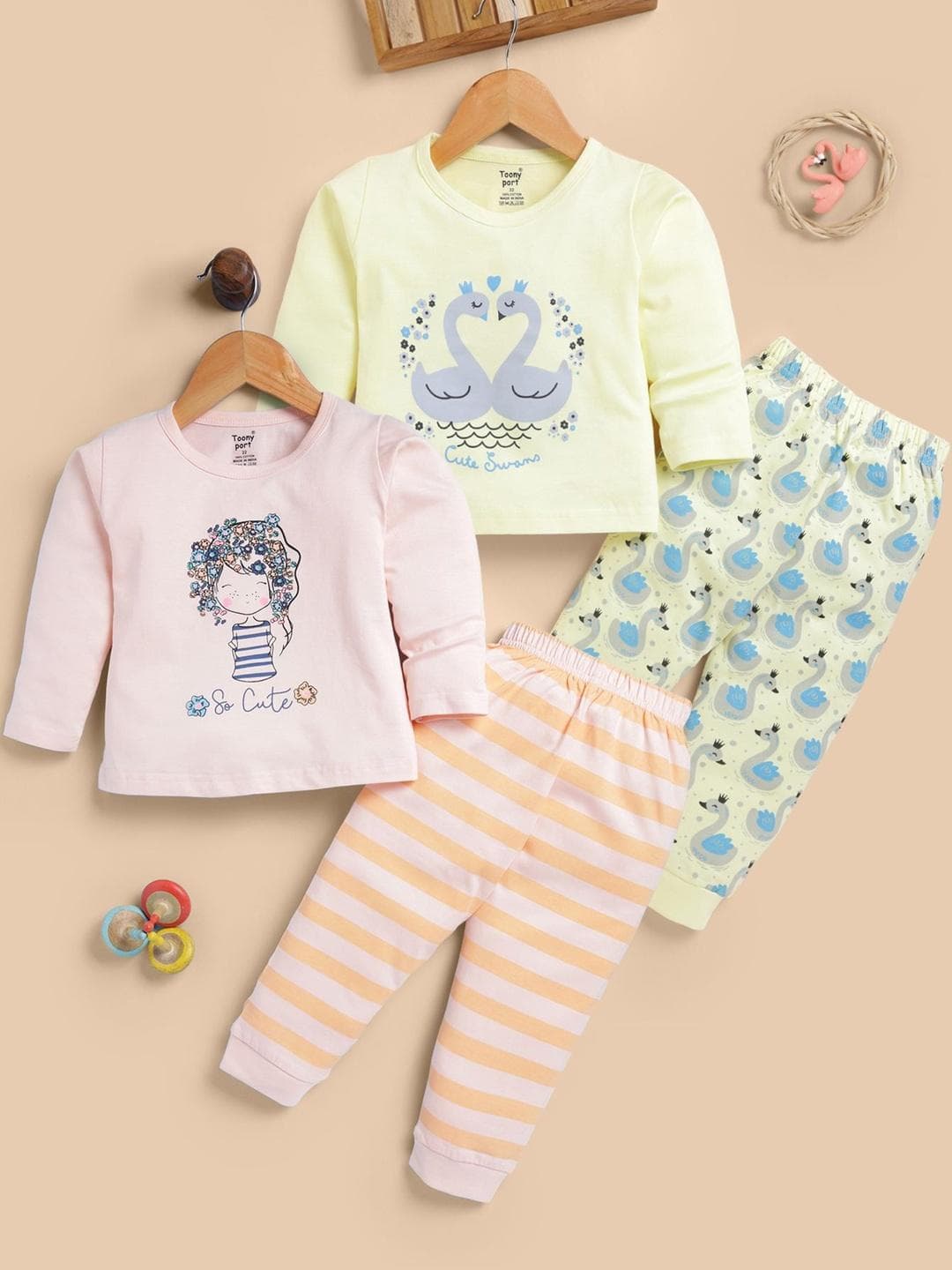 Toonyport Girls Pack Of 2 Printed Pure Cotton Top With Trousers Clothing Set