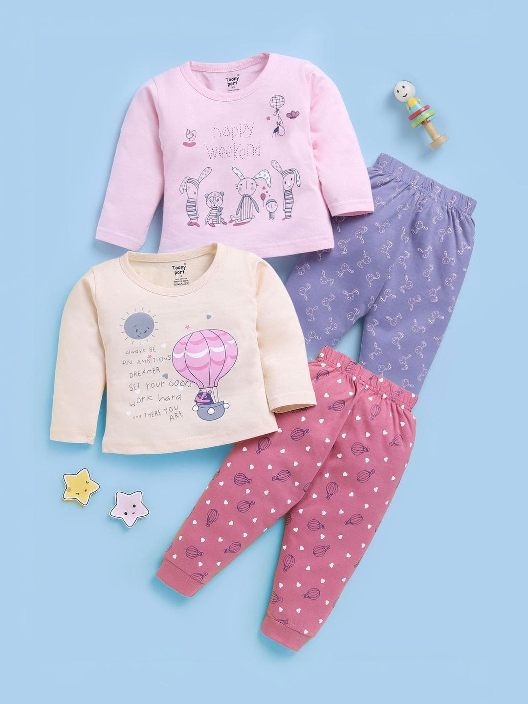 Toonyport Girls Pack Of 2 Printed Pure Cotton Top With Trousers Clothing Set