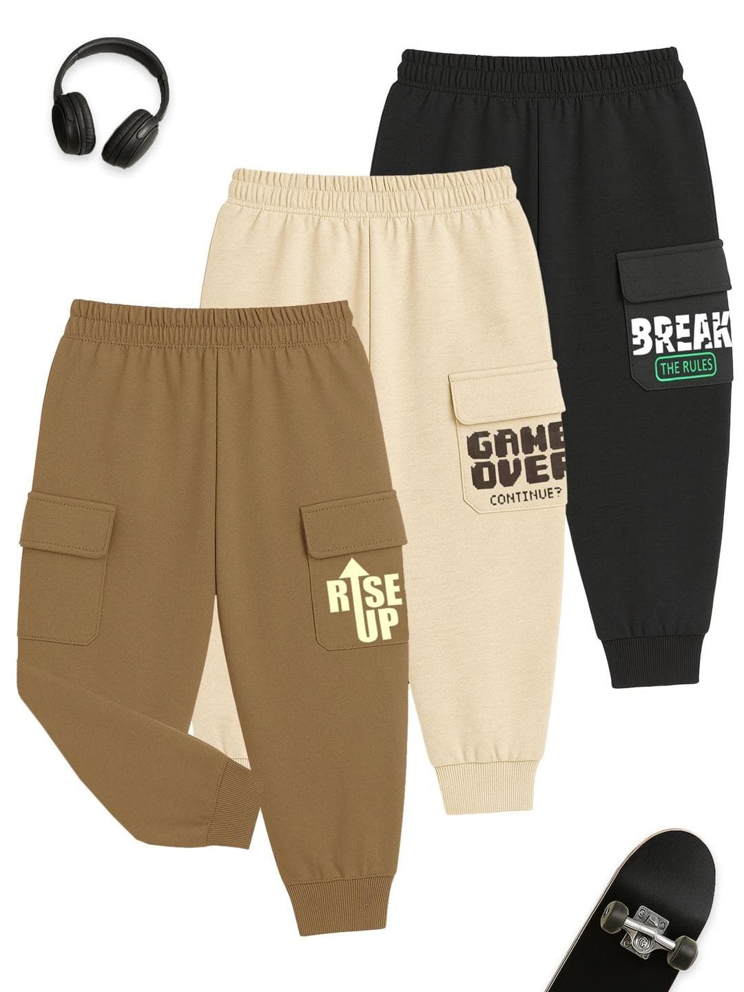 YK Boys Pack Of 3 Printed Cargo Joggers