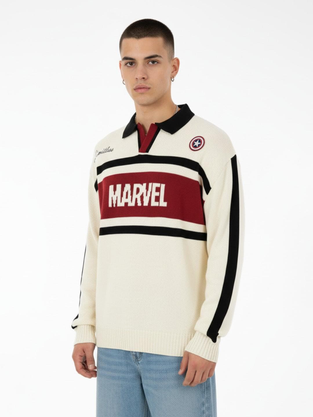glitchez Typography Marvel Shirt Collar Drop-Shoulder Sleeves Oversized Sweaters