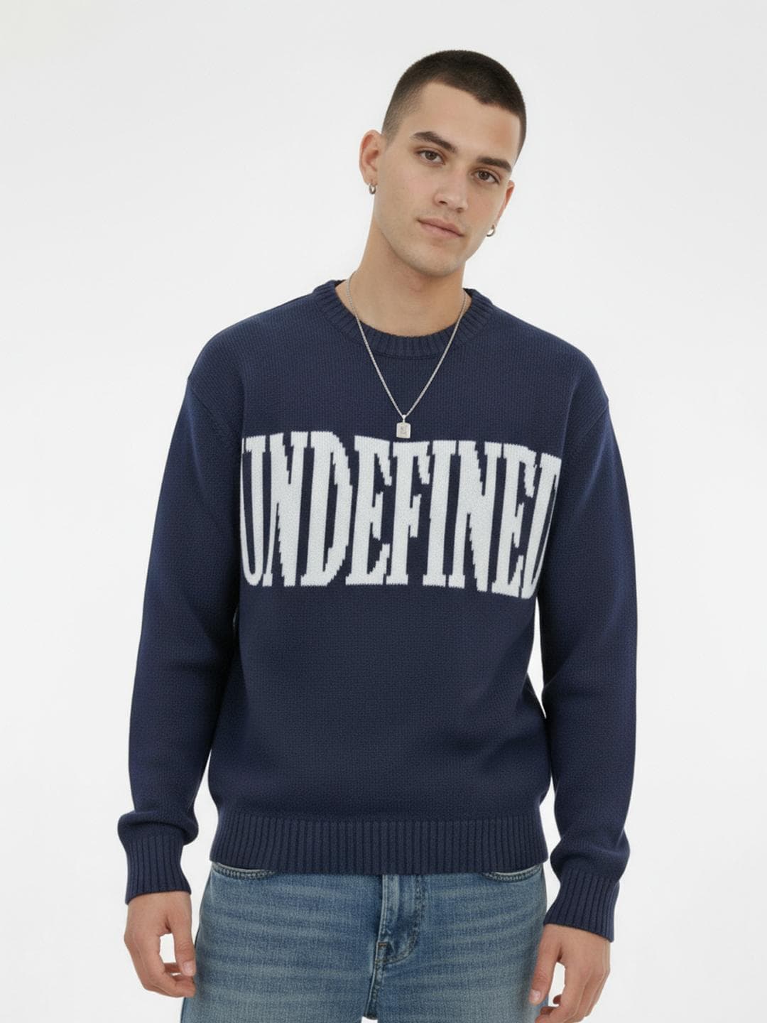 glitchez Men Typography Self Design Round Neck Drop Shoulder Sleeves Oversized Pullover