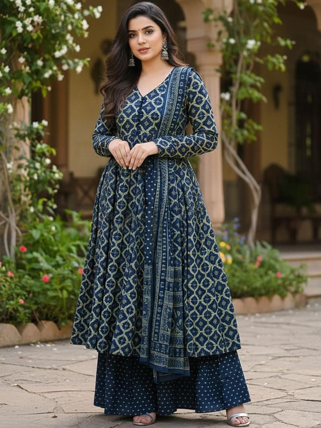 ARADHNA Women Ethnic Motifs Printed Panelled Kurta with Palazzos & With Dupatta