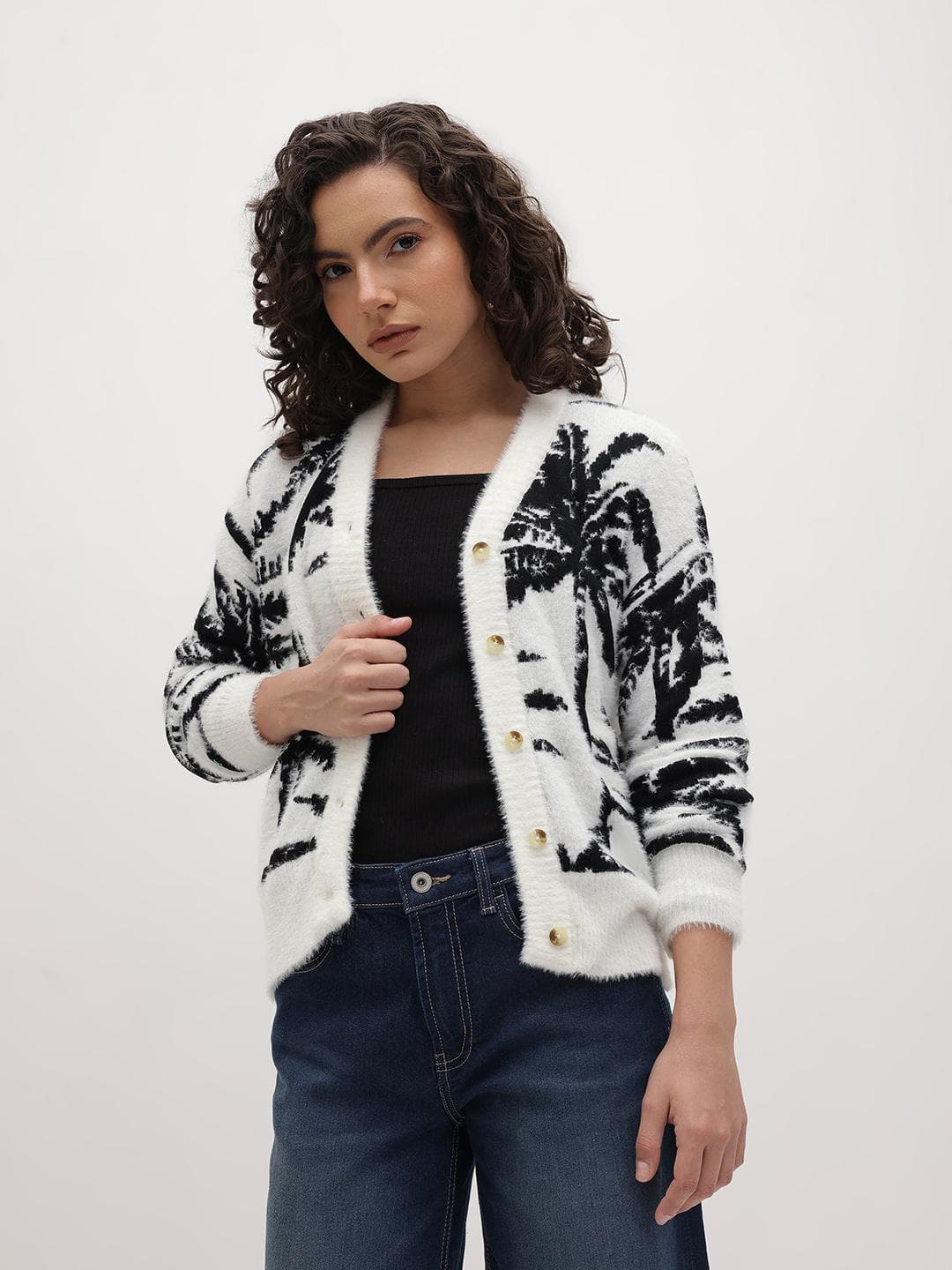 The Roadster Life Co. Tropical Self Design V-Neck Cardigan With Faux Fur Detail