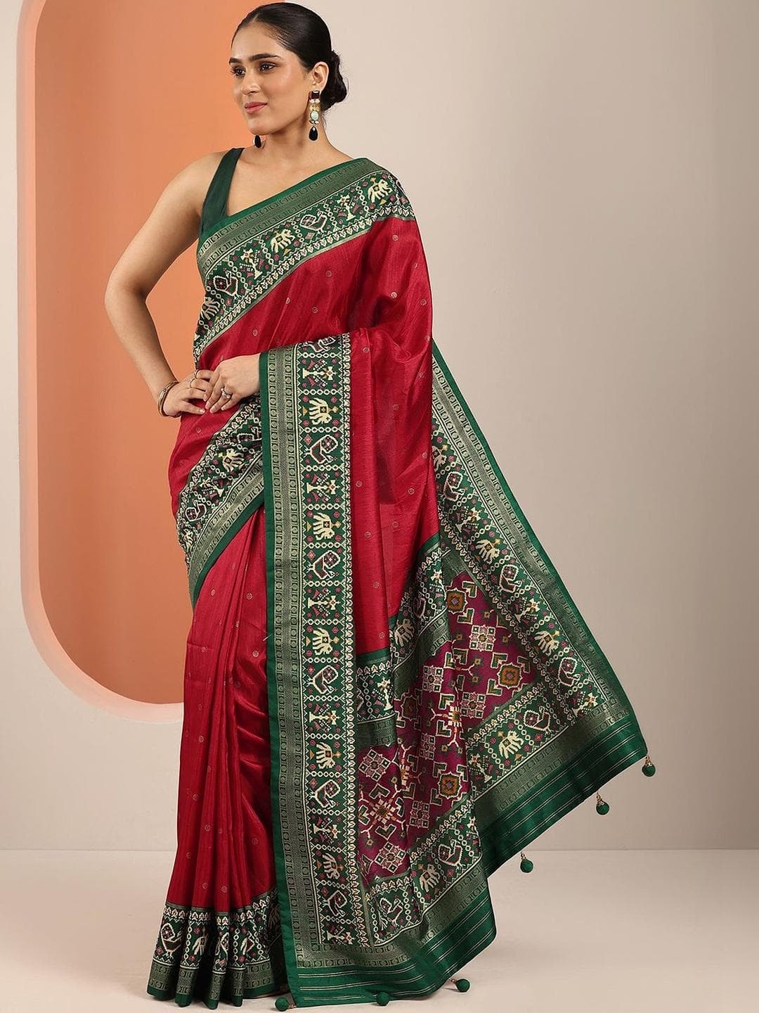 Libas Red Embellished Saree With Unstitched Blouse Piece