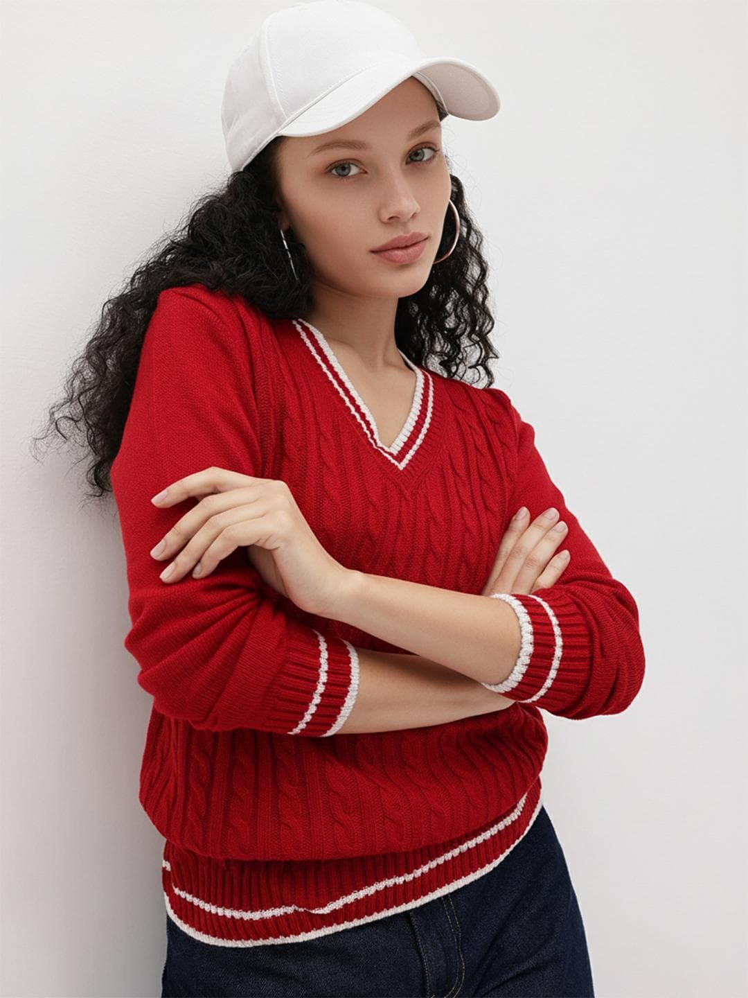 The Roadster Life Co. Contrast Striped Pure Acrylic Cable Knit Pullover
