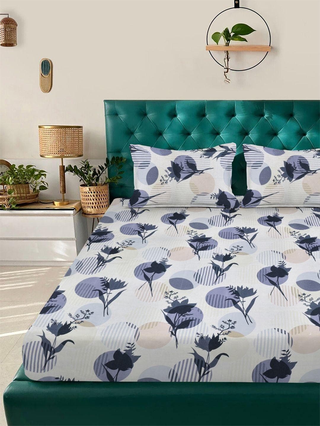 Buy KLOTTHE Blue Floral Printed Fitted 300 TC Cotton Blend King Bedsheet With 2 Pillow Cover - - Home for Unisex