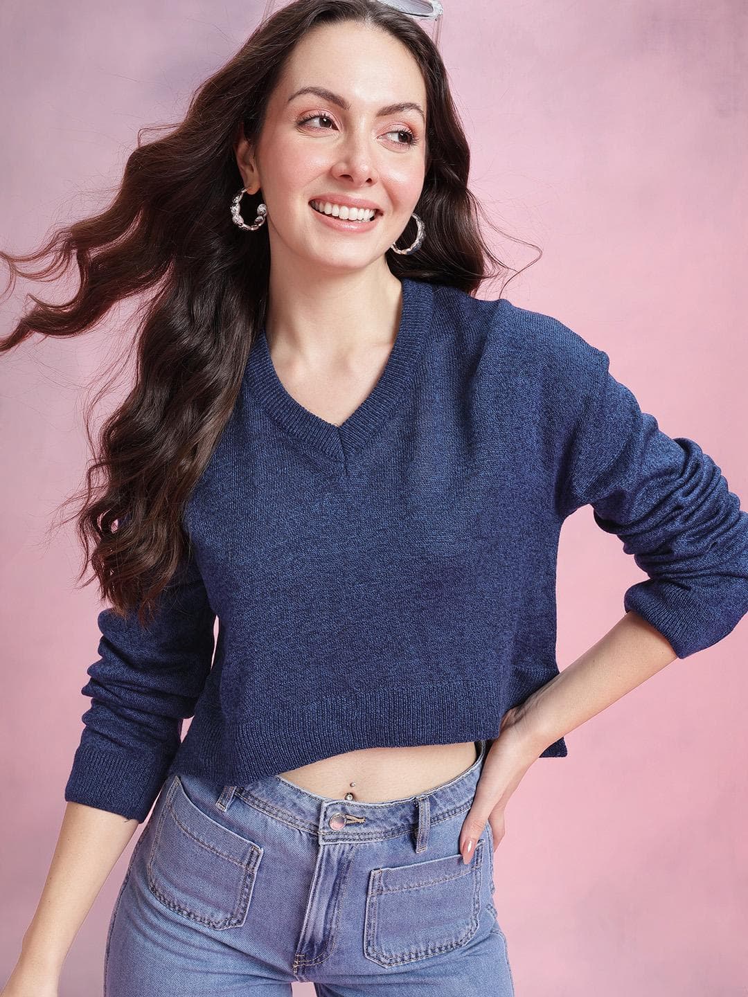 DressBerry V-Neck Grindle Effect Cropped Pullover