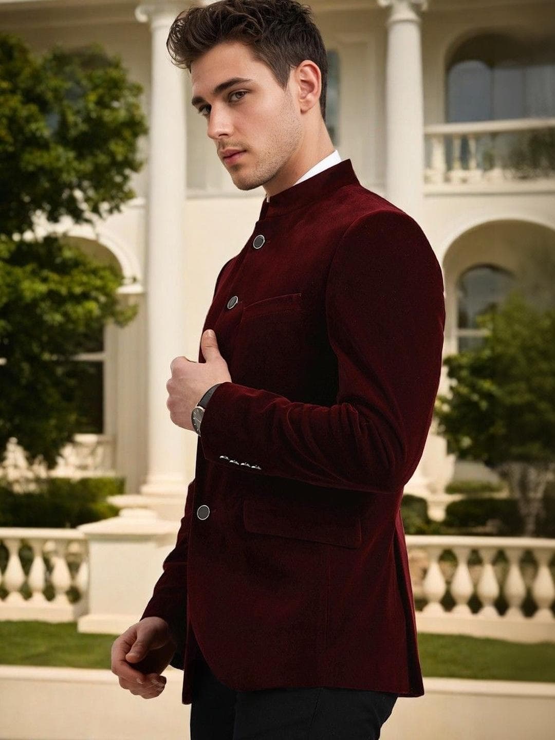 PRINTINDIA Velvet Mandarin Collar Jodhpuri Blazer