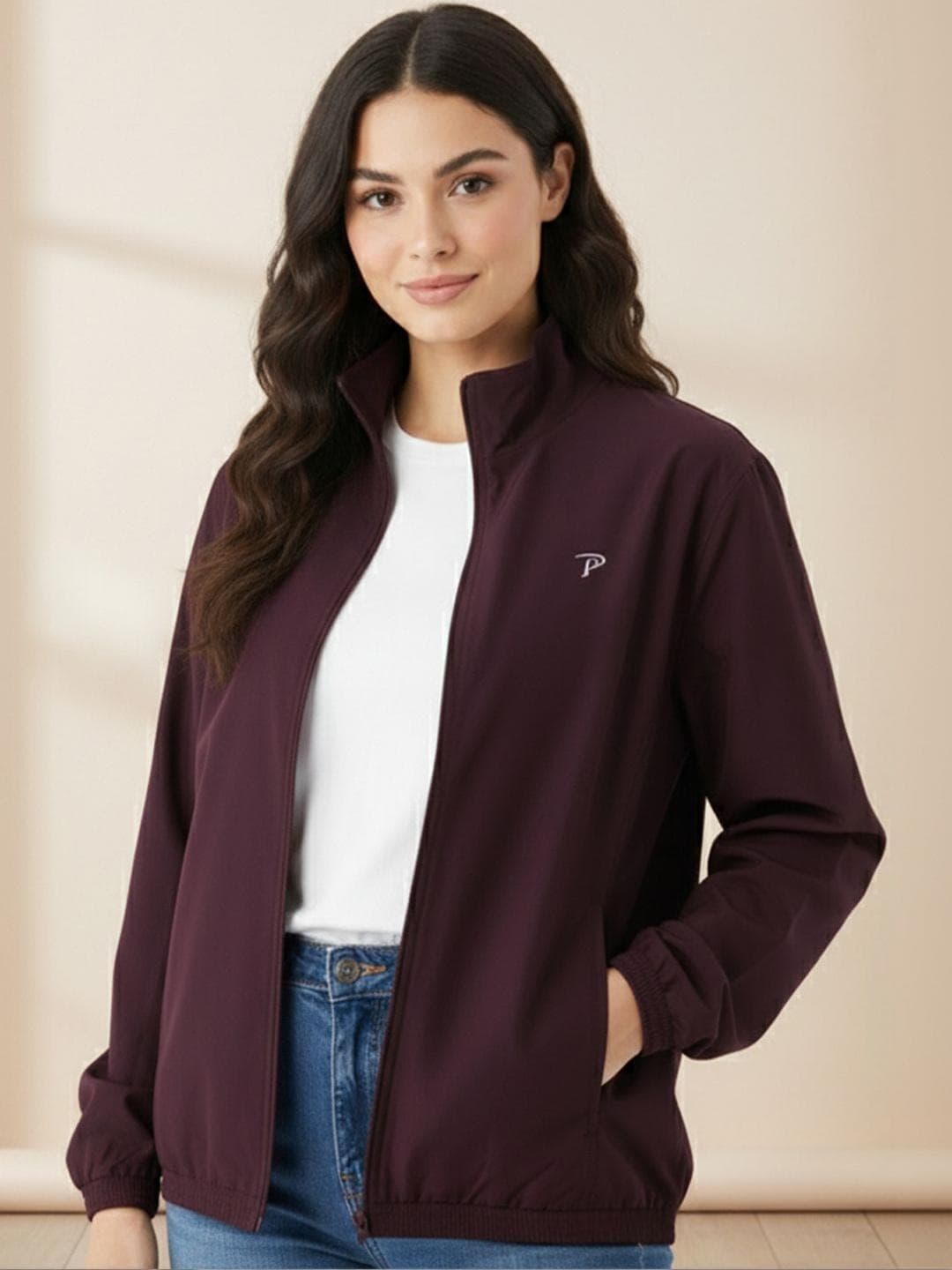 Promount Women Mock Collar Solid Lightweight Bomber Jacket