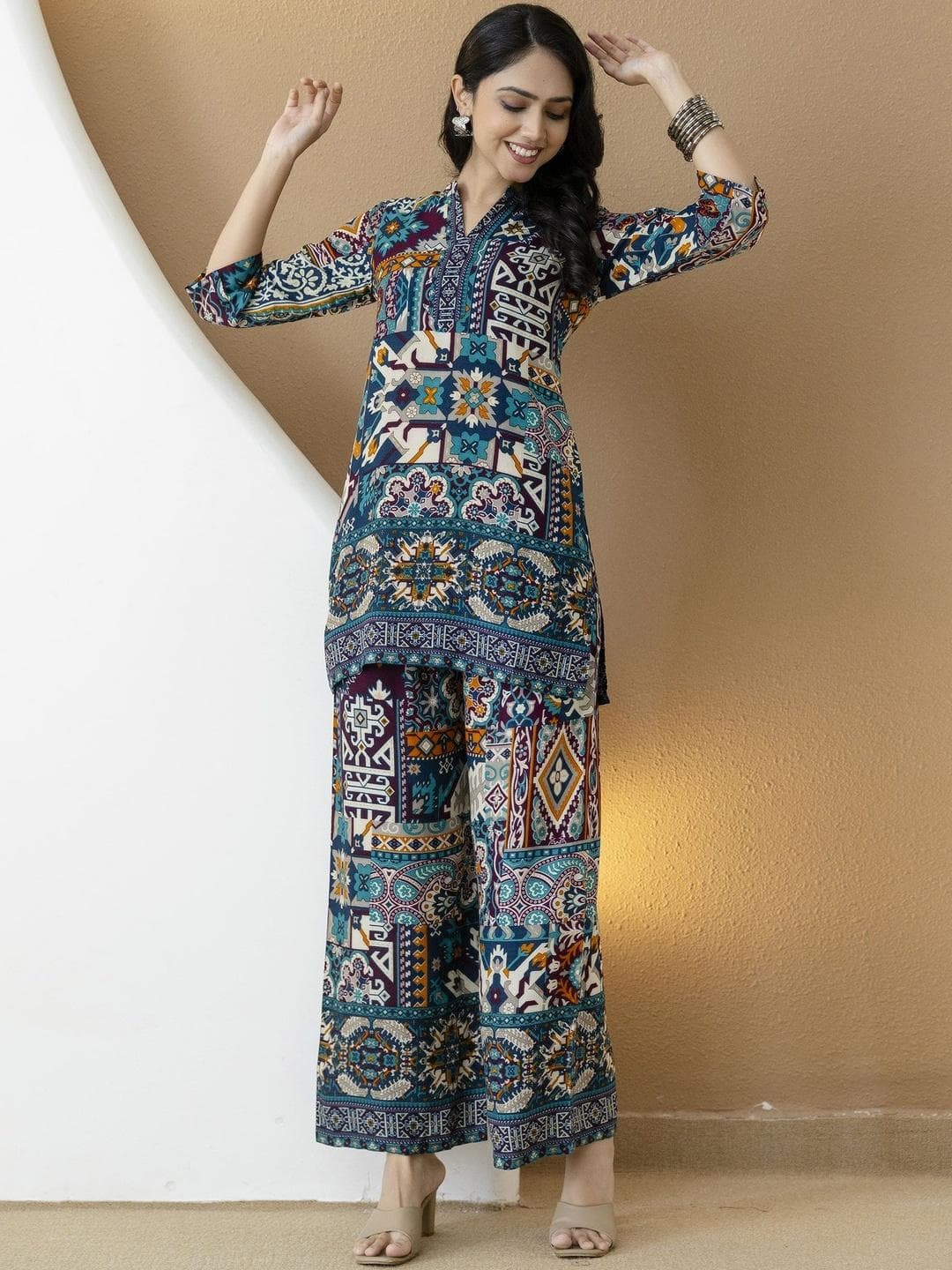 KALINI Geometric & Motifs Printed Tunic & Palazzo Co-Ord Set