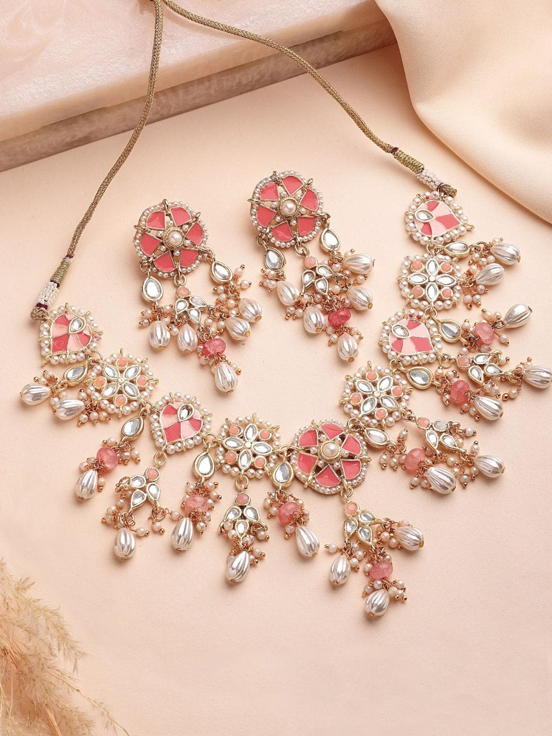 Buy KARATCART Pink Two Tone Gold Plated Kundan Studded & Pearls Beaded Jewellery Set - - Accessories for Women