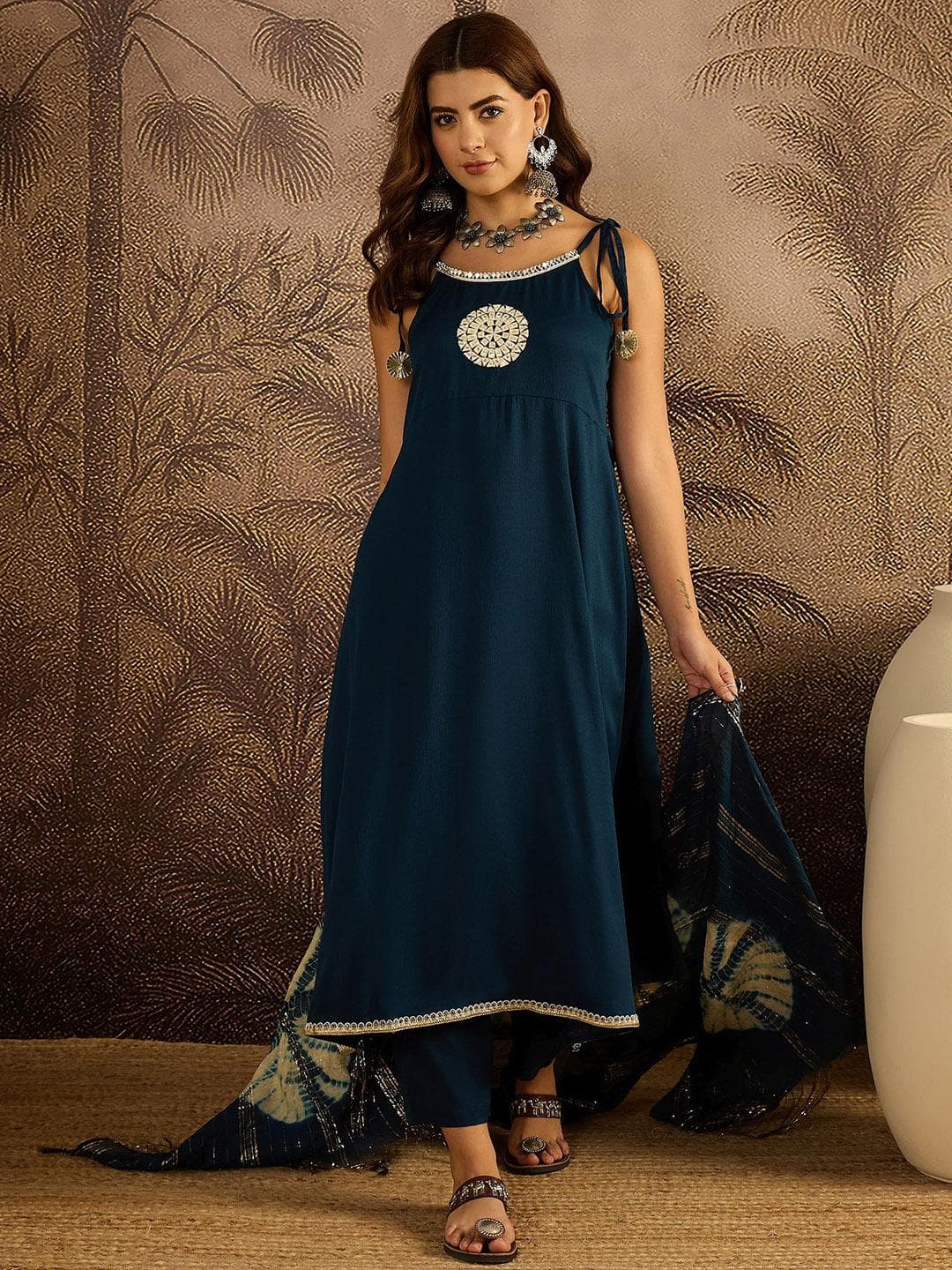 Sangria Embroidered Sleeveless A-Line Kurta & Trousers With Dupatta