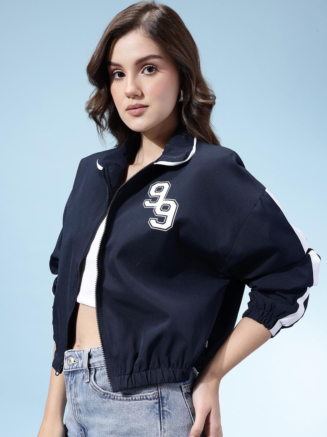 glitchez Conversational Typography Crop Varsity Jacket