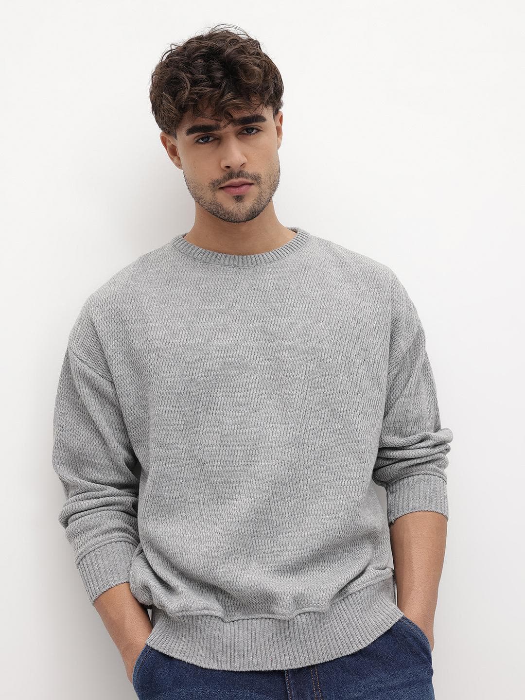 The Roadster Life Co. Geometric Self Design Round Neck Pullover