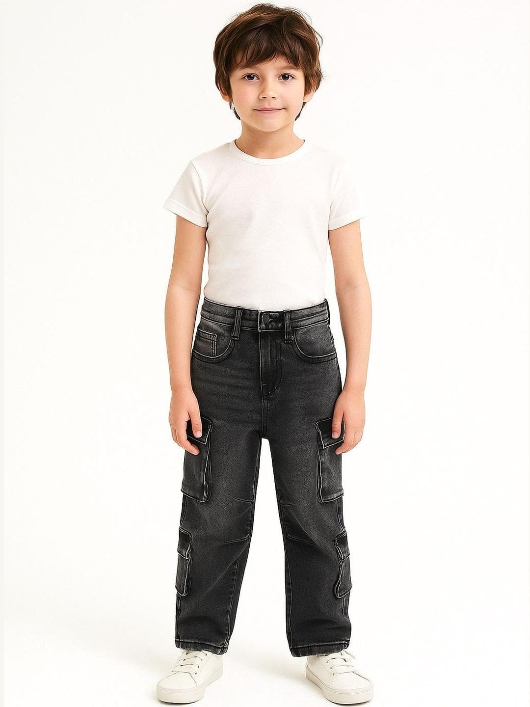 GUTI Boys Mid-Rise Light Fade Stretchable Cargo Styles Jeans