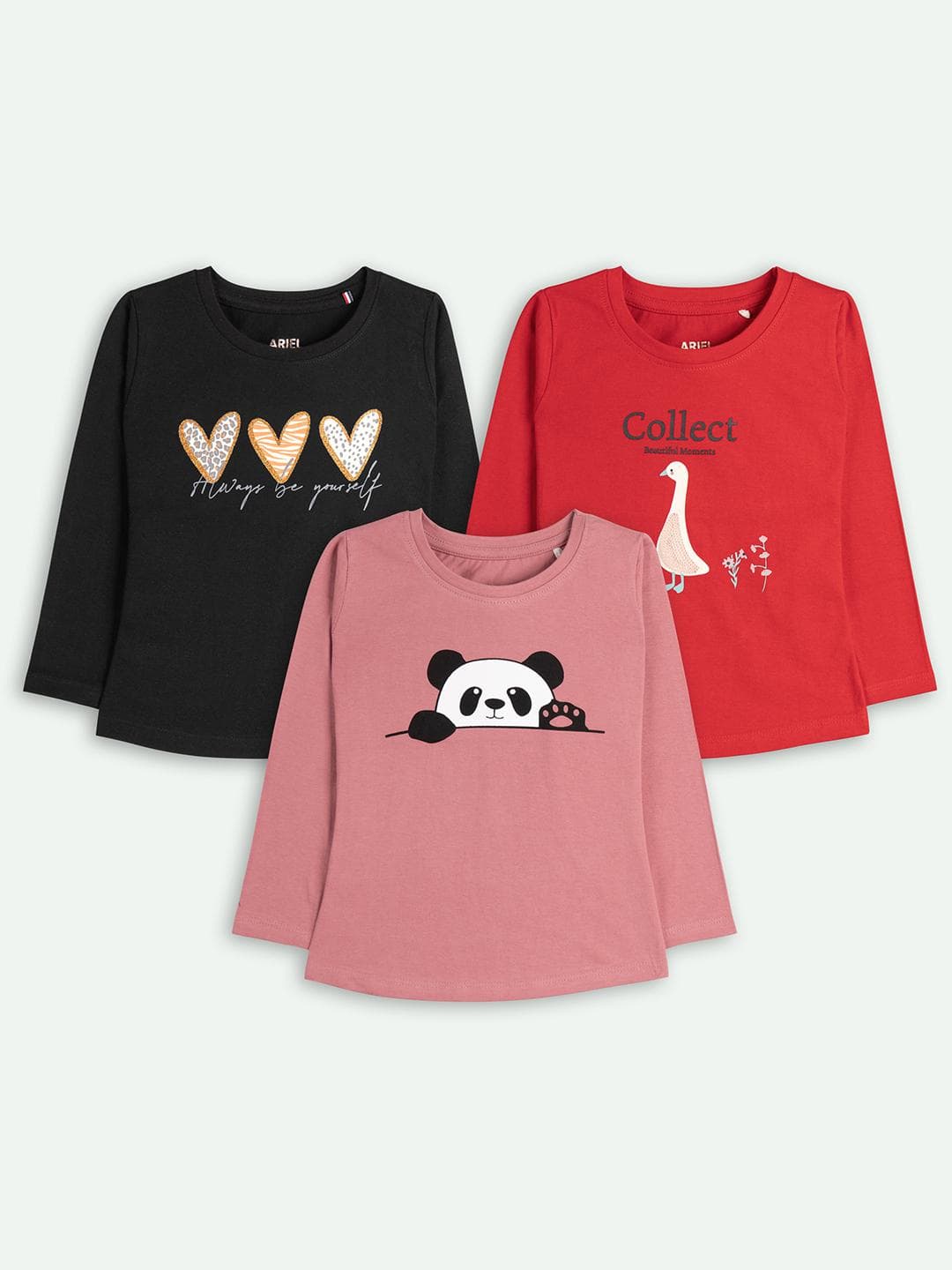 ariel Girls Pack Of 3 Graphic Printed Round Neck Cotton Tshirts