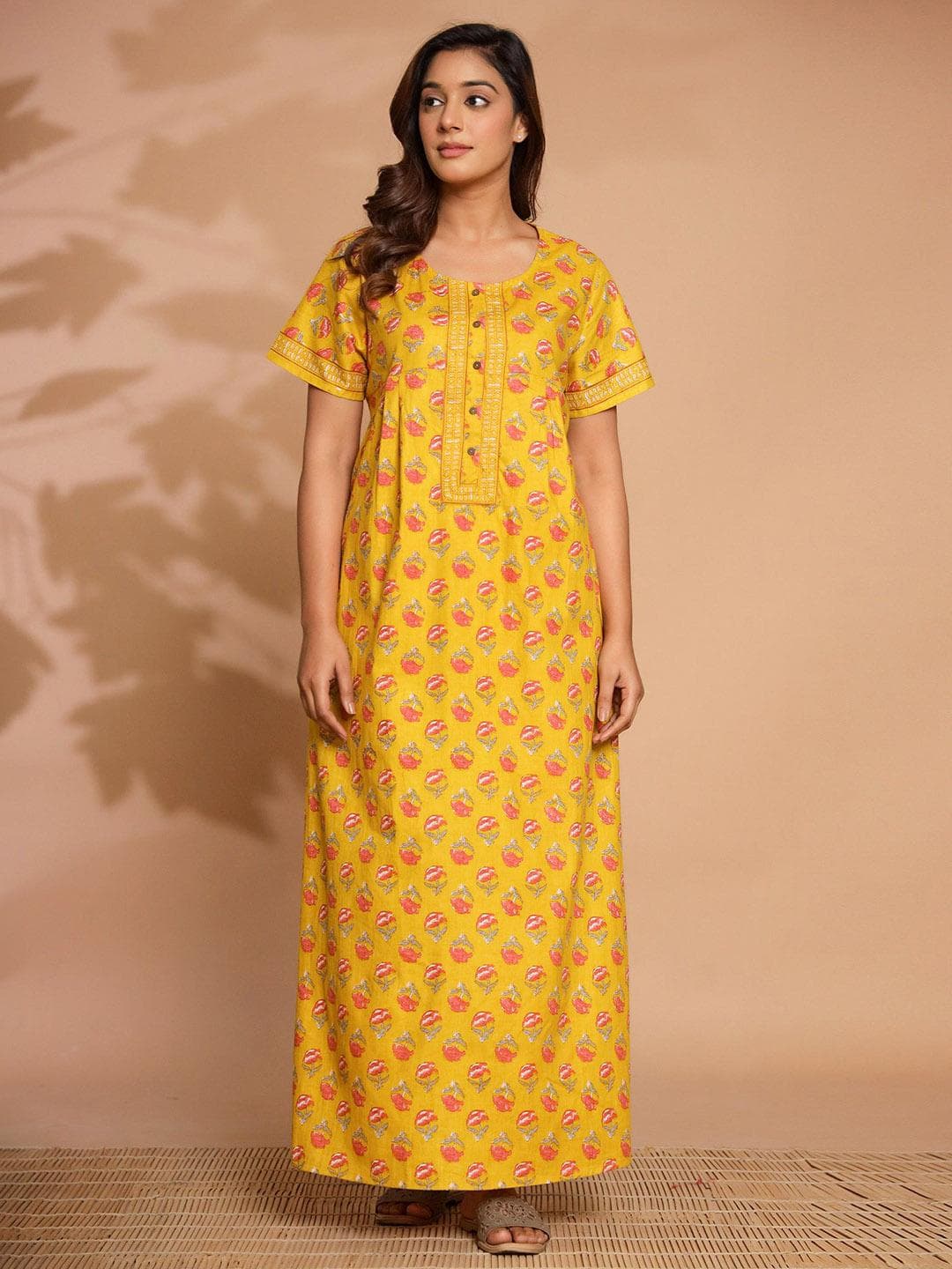 Nihsamah Women Yellow Cotton Printed Maxi Nightdress
