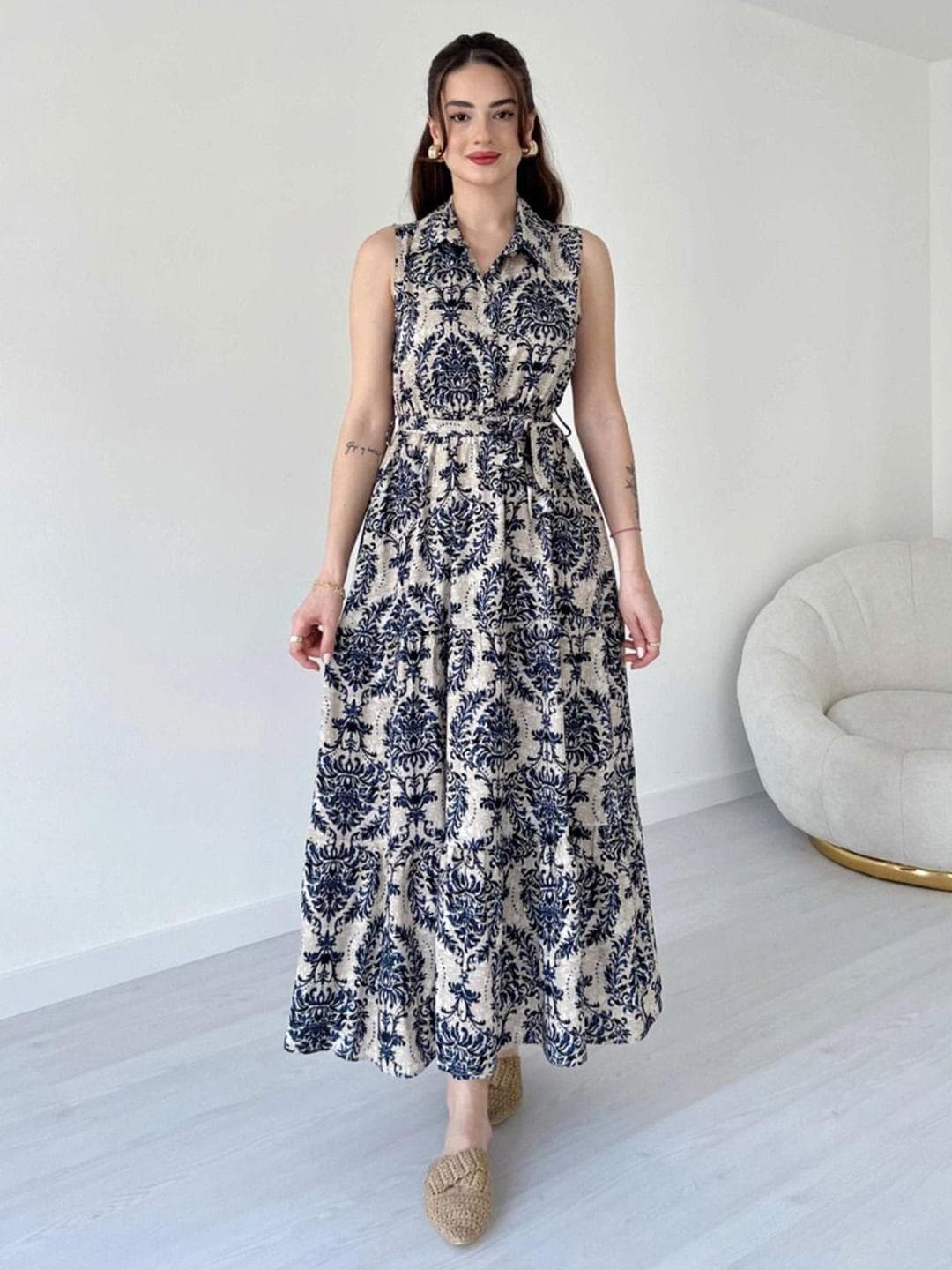 MANOJAVA Women Ethnic Motifs Printed Belted Tiered Shirt Collar Fit & Flare Maxi Dress