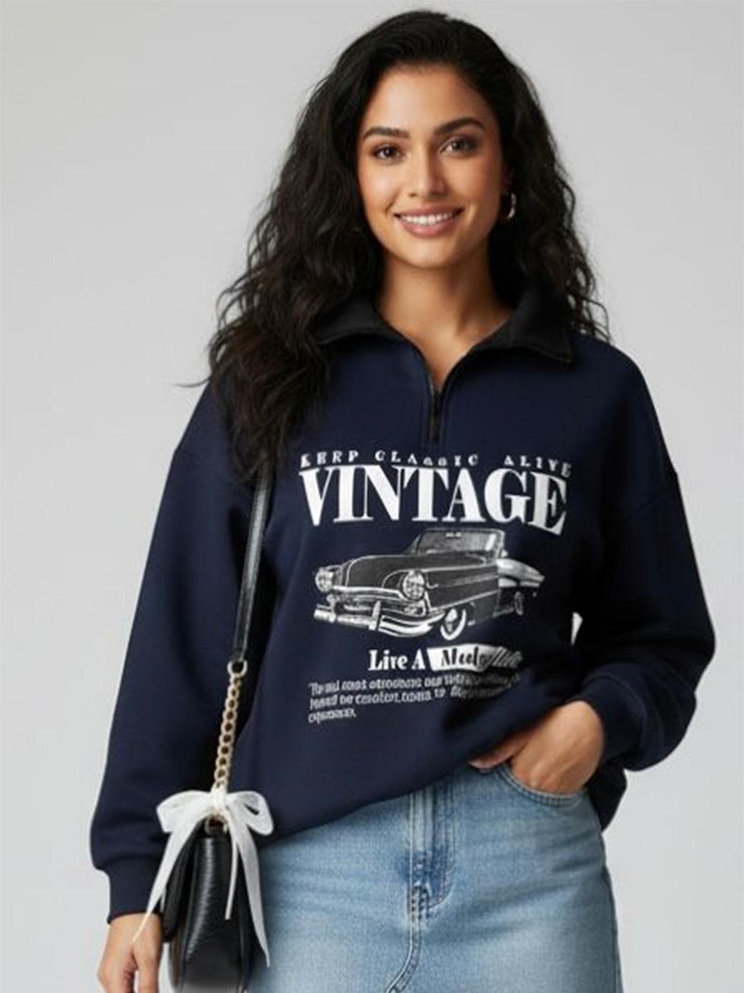 TABADTOD Women Typography Printed Oversized Half Zipper Sweatshirt