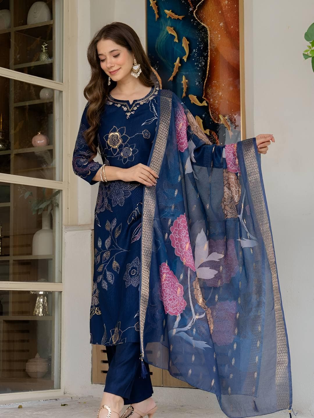 AMBROZEE Floral Printed Notch Neck Thread Work Pure Cotton Kurta With Trousers & Dupatta