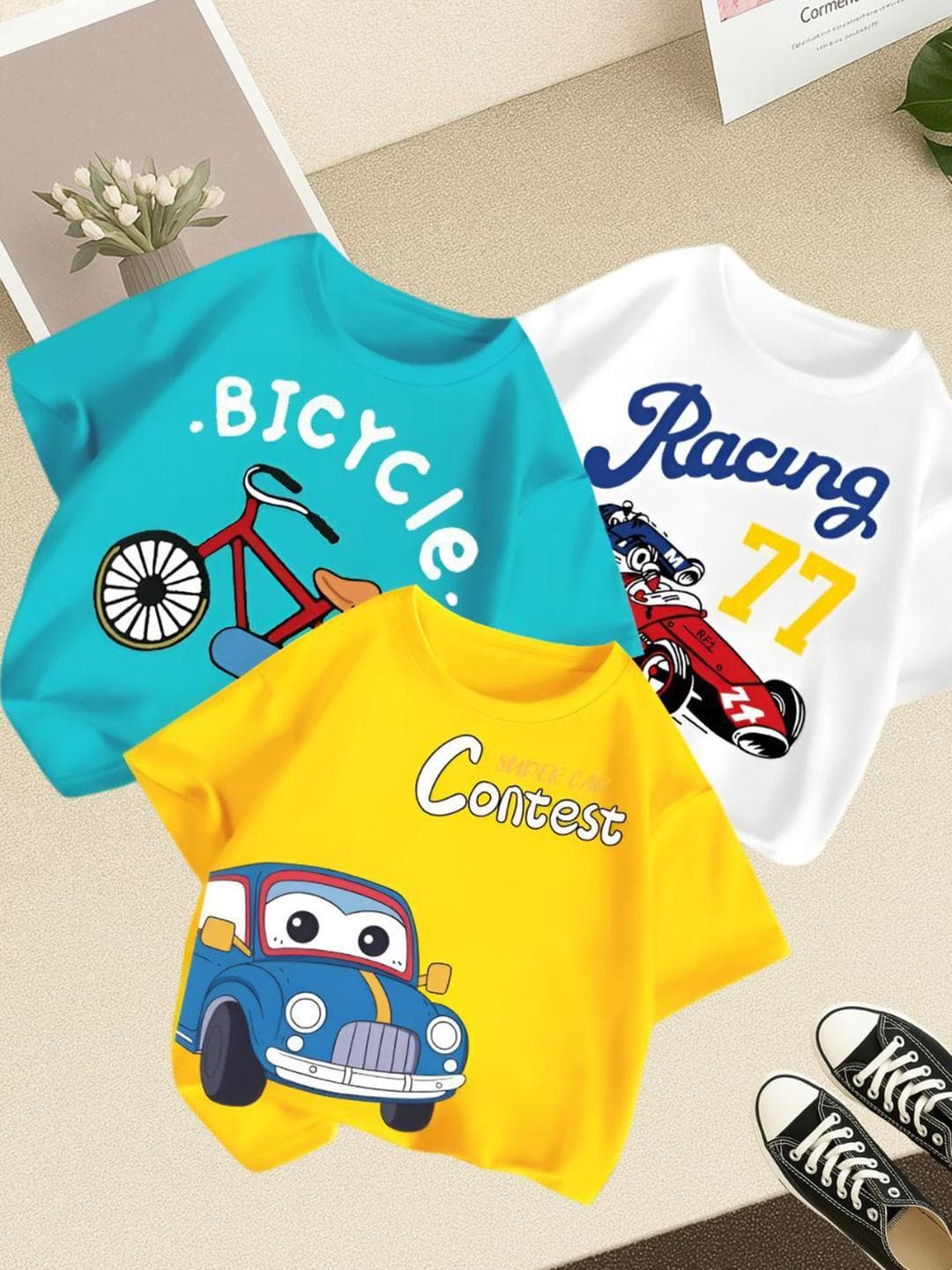 Googo Gaaga Kids Pack Of 3 Typography Printed Round Neck Drop-Shoulder Sleeves T-shirts