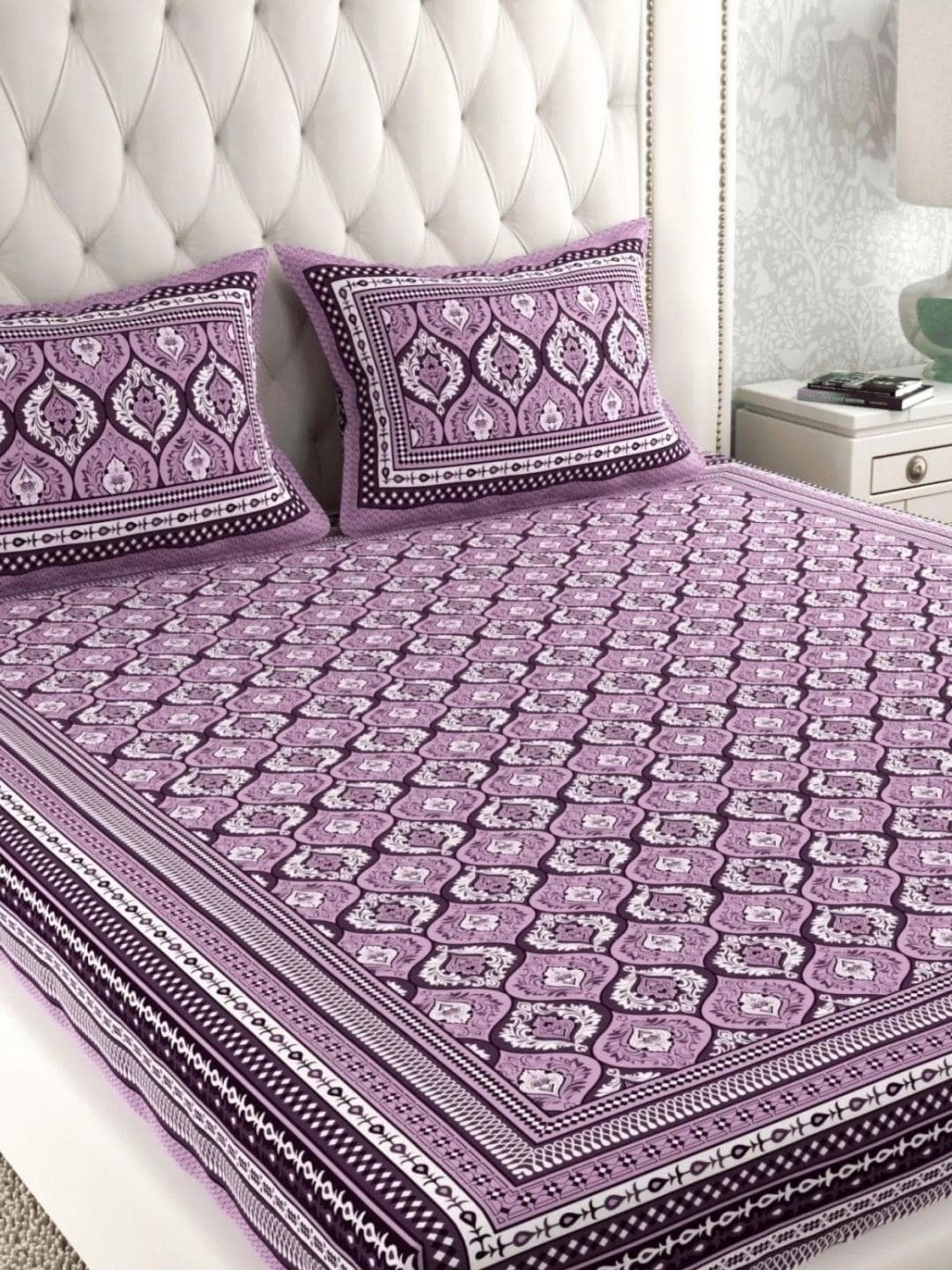 UNIBLISS Purple & Grey Floral 144 TC Queen Bedsheet Set-2.5m x 2.24m