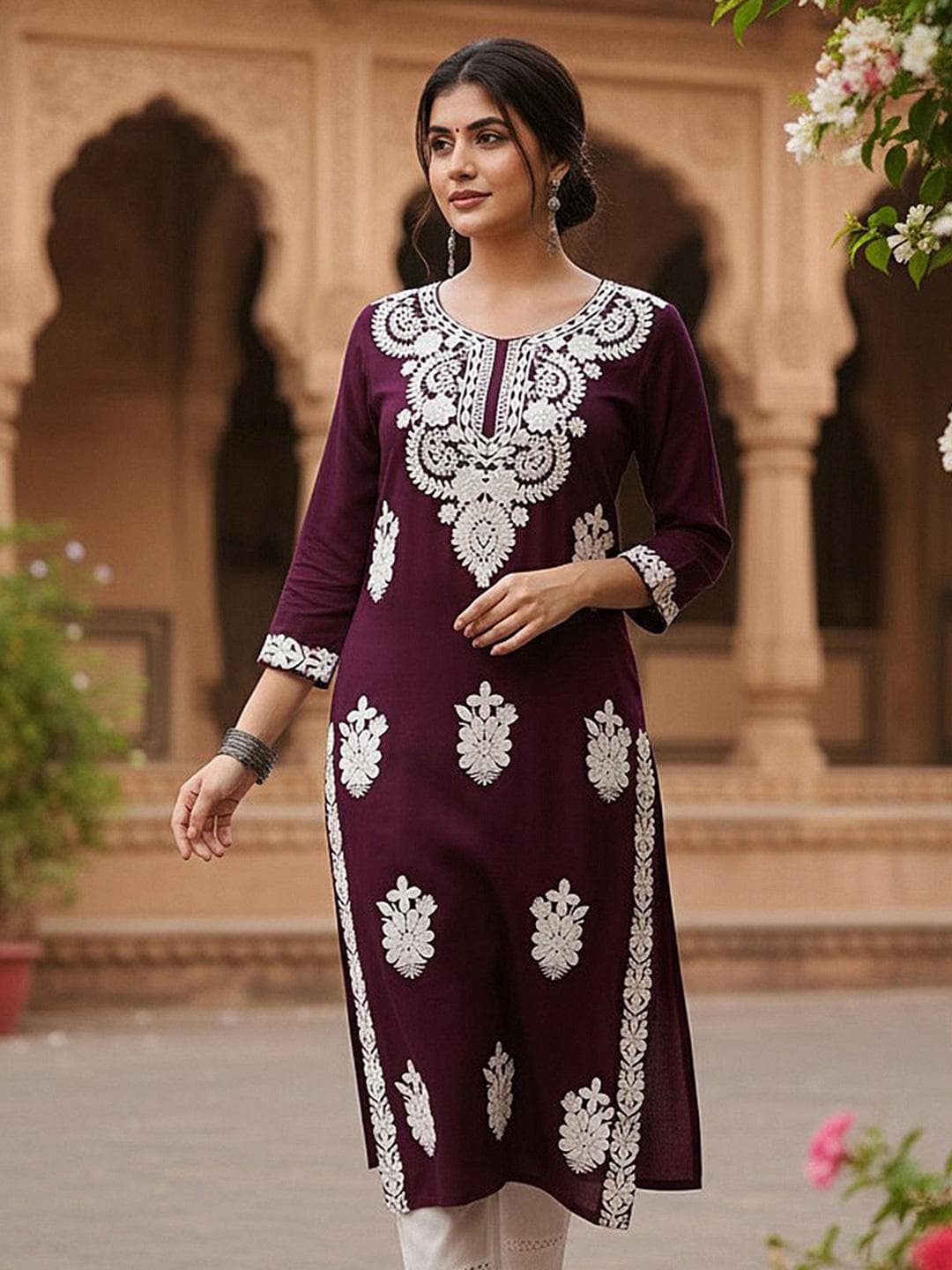 AHIKA Floral Embroidered Round Neck Chikankari Straight Kurta