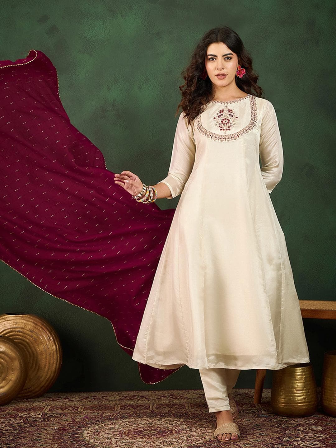 Sangria Round Neck Embroidered A-Line Kurta Sets