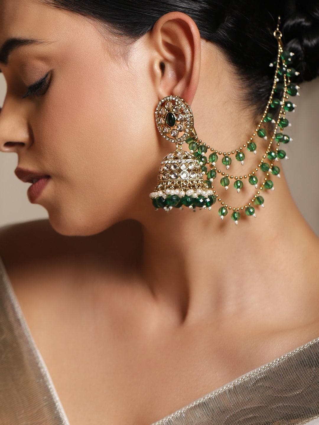 Rubans 18K Gold-Plated Kundan Studded & Pearls Beaded Dome Shaped Jhumkas With Ear Chain