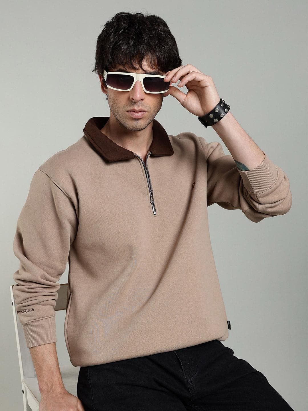 Roadking Men Shirt Collar Full Sleeves Half Zipper Pullover Sweatshirts