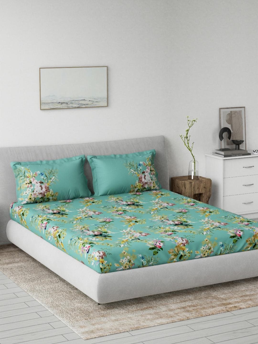 DDecor Green & Pink Printed Pure Cotton 144 TC King Bedsheet Set 2.29m x 2.74m