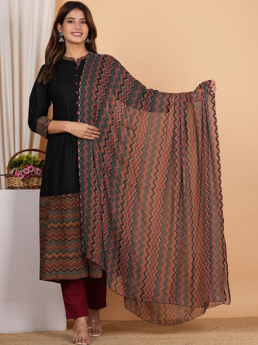 KALINI Chevron Printed Anarkali Kurta With Dupatta