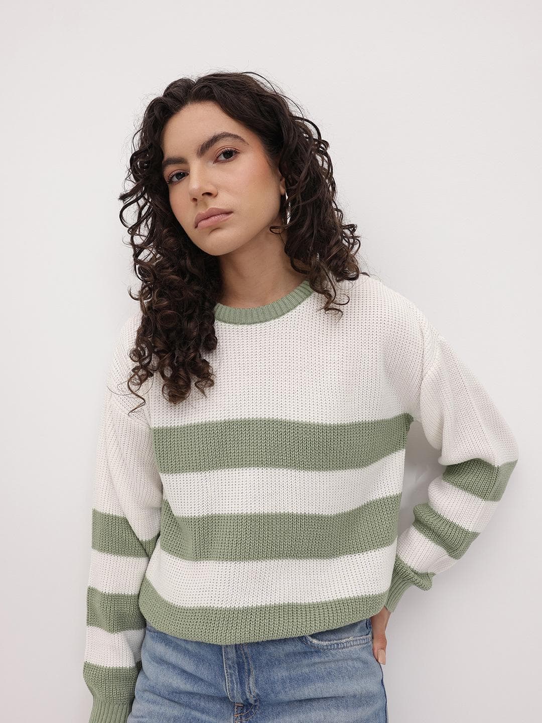The Roadster Life Co. Horizontally Self-Striped Drop-Sleeves Acrylic Pullover