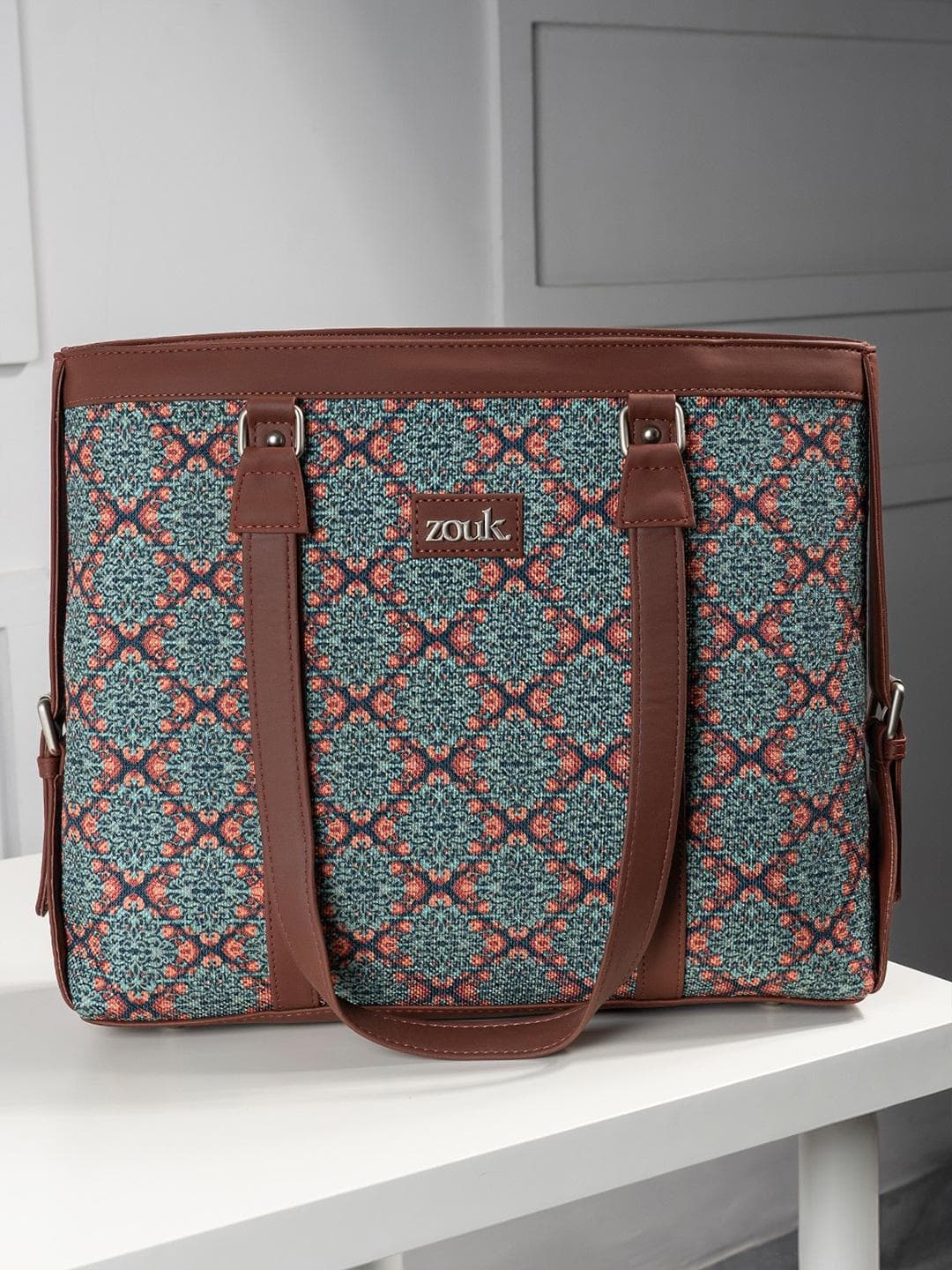 ZOUK Ethnic Motifs Printed Structured Jute Shoulder Tote Bag