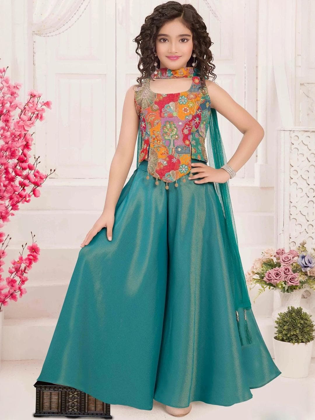 UFB Girls Ethnic Motifs Embroidered A-Line Kurta with Palazzos & Dupatta