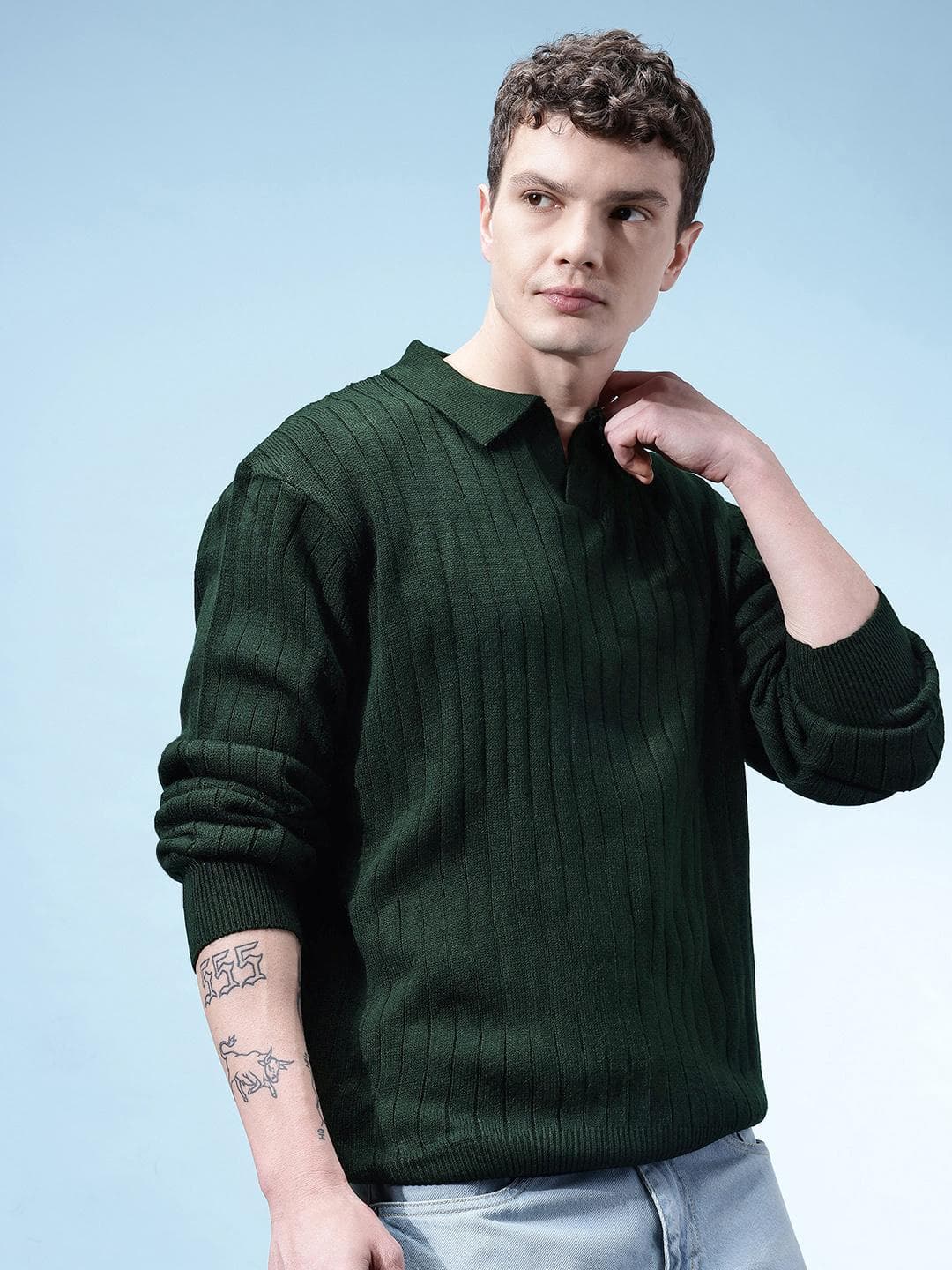 glitchez Shirt Collar Ribbed Pullover