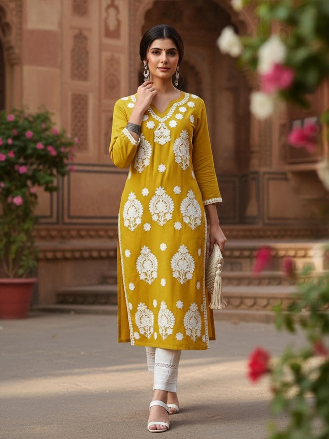 AHIKA Floral Embroidered Notched Neck Straight Thread Work Kurta