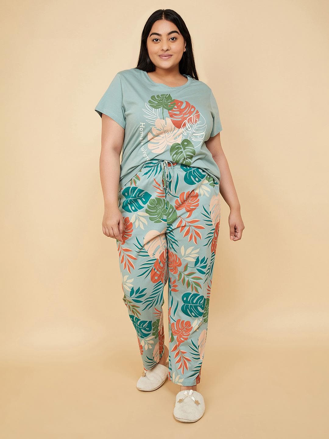 max Floral Printed Round Neck Pure Cotton T-Shirt With Pyjama