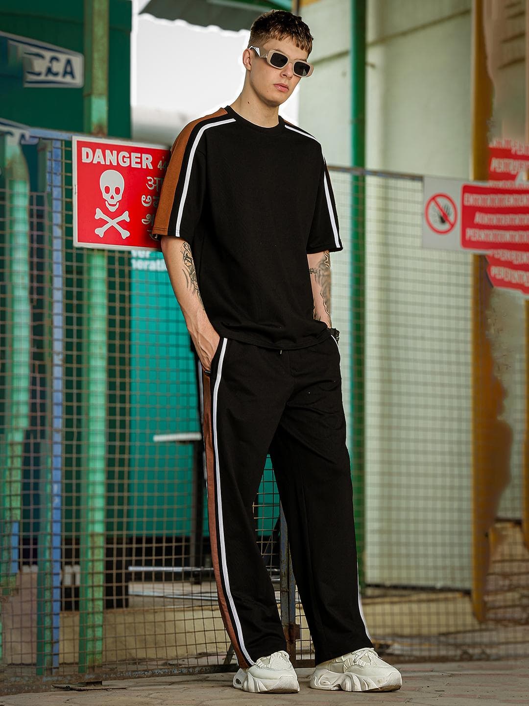 Maniac Men Black & Brown Colourblocked Side Tape Cotton T-shirt & Trouser Co-Ords