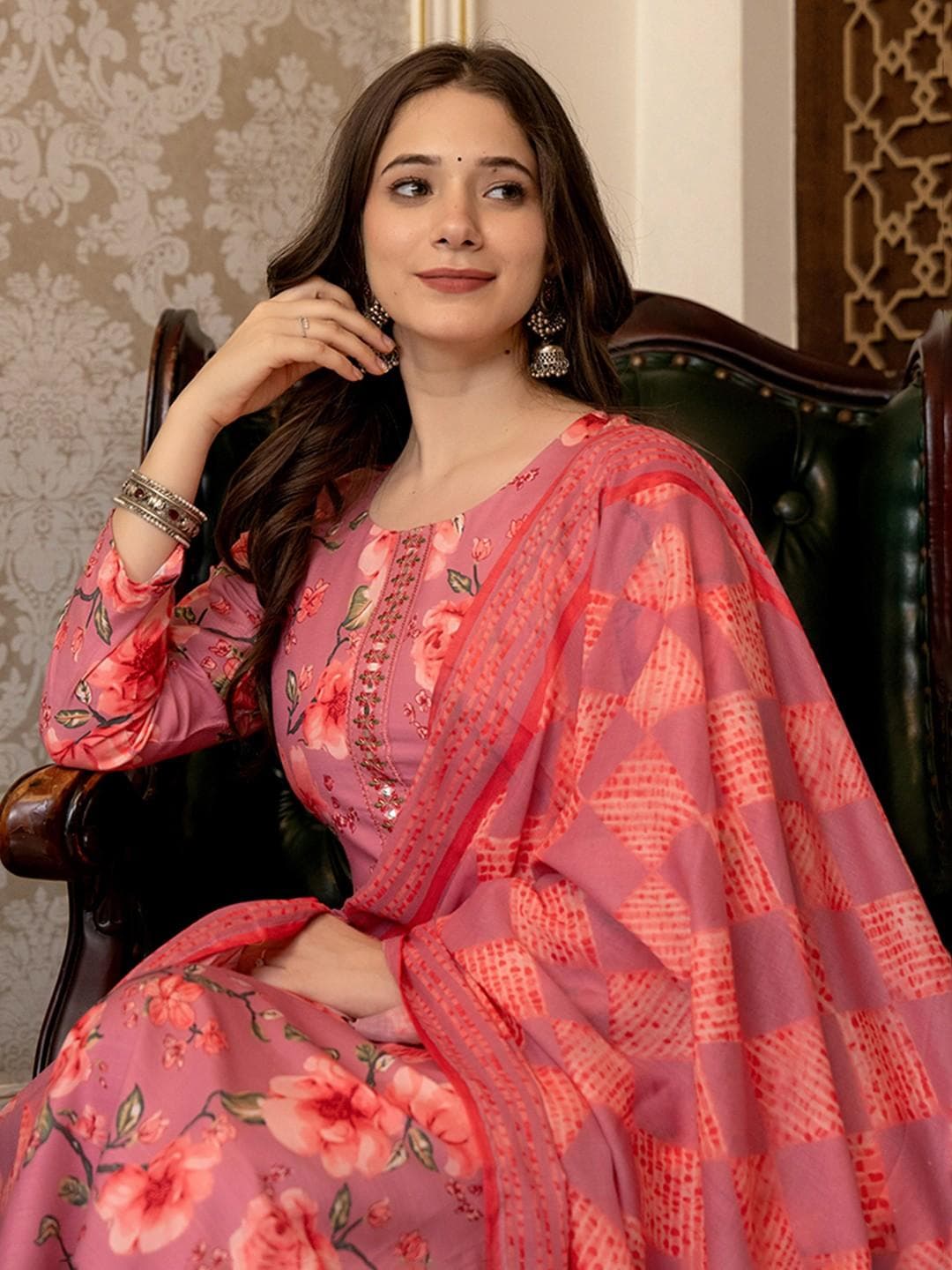 AHIKA Floral Printed Mirror Work Straight Kurta with Trousers & Dupatta
