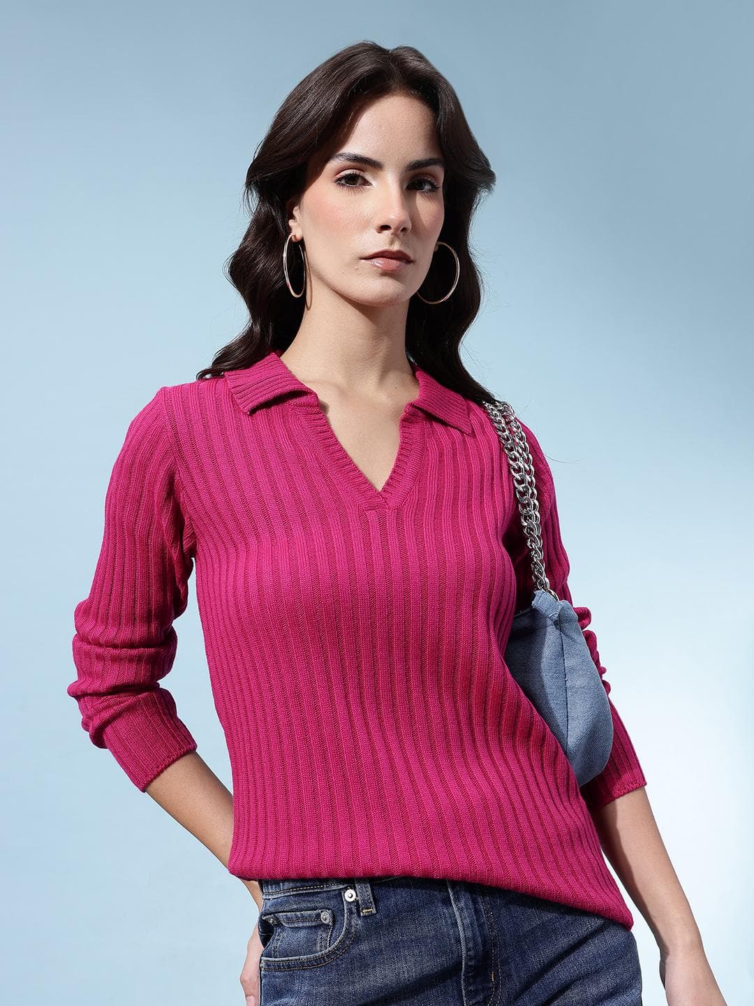 glitchez Self Striped Polo Collar Pullover