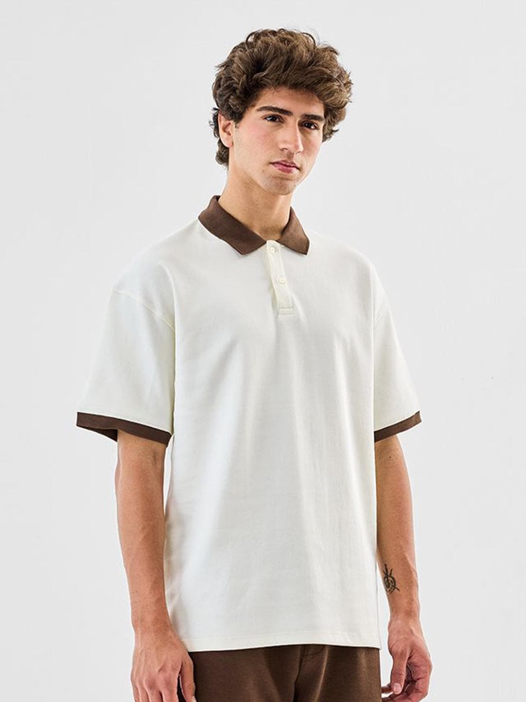 Snitch Oversized Polo Collar Drop-Shoulder Sleeves Pure Cotton T-Shirt