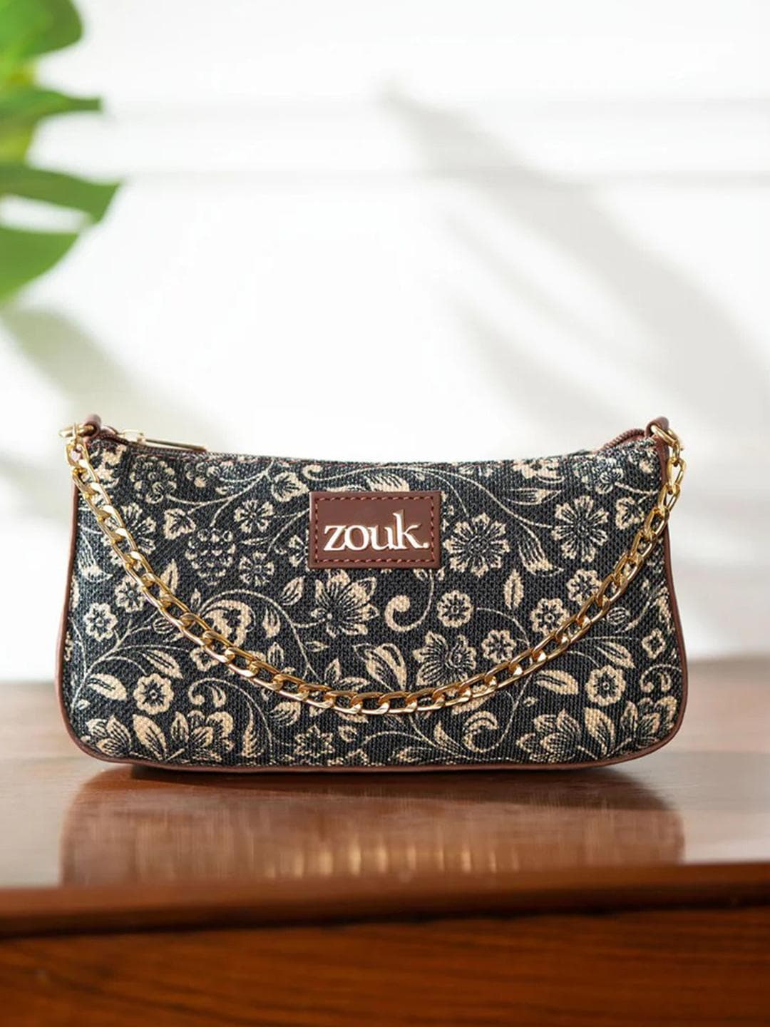 Buy ZOUK Black Floral Printed Structured Baguette Bag With Applique - - Accessories for Women