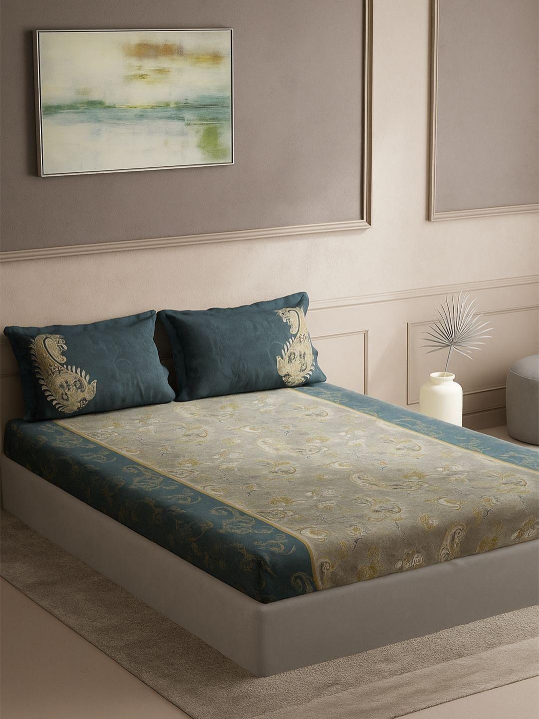 Buy DDecor Blue & Grey Souvenir Motifs Printed 144 TC Cotton Bedsheet Set 2.74 M X 2.74 M - - Home for Unisex