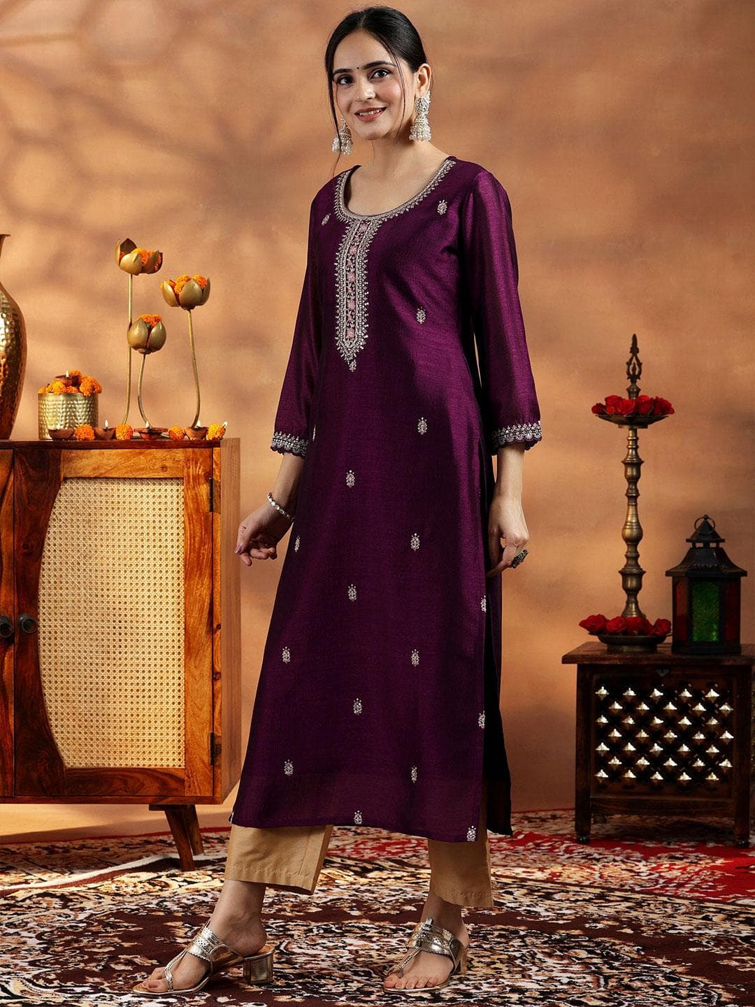 Libas Women Burgundy Embroidered Silk Straight Kurta